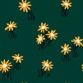 Seamless floral pattern with small yellow flowers on a green field. Vector. Royalty Free Stock Photo
