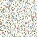 seamless floral pattern. spring flowers and herbs on a white background. colored pattern with small pink, blue and