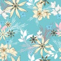 Seamless floral pattern with summer delicate flowers on a turquoise background. Vector texture for fabric, paper for decoration