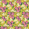 Seamless floral pattern, vintage ditsy print with decorative wild meadow, small flowers on a yellow field. Vector. Royalty Free Stock Photo