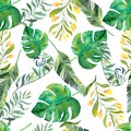 Seamless floral pattern with tropical flowers, watercolor. Royalty Free Stock Photo