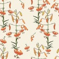 Seamless floral pattern of tropical orange lilies. Hand painted flowers. Isolated on yellow background. Royalty Free Stock Photo
