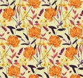 Seamless floral pattern, vintage botanical print with large yellow flowers. Vector botanical ornate design. Royalty Free Stock Photo
