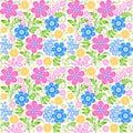 Seamless floral pattern in vector. Decorative background with pink, blue and yellow flowers. Royalty Free Stock Photo