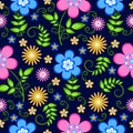 Seamless floral pattern in vector. Decorative pattern with pink, blue and yellow flowers on a dark blue background. Royalty Free Stock Photo