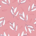 Seamless floral pattern. Vector tropical print. Memphis colorful template on pastel pink background. Hand drawn white, blue and Royalty Free Stock Photo