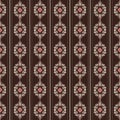 Seamless floral pattern, vertical borders from light lace elements, brown background with white stripes Royalty Free Stock Photo