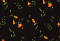 Seamless floral pattern, vintage botanical design with yellow flowers, leaves on dark. Vector. Royalty Free Stock Photo