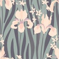 Seamless floral pattern, vintage botanical print with large iris flowers, grass. Vector.