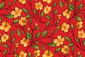 Seamless floral pattern, vintage ditsy print with small yellow flowers, branches on a red background. Vector. Royalty Free Stock Photo
