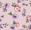 Seamless floral pattern. Vintage flowers on pink background. Wallpaper. Blooming realistic flowers. Royalty Free Stock Photo