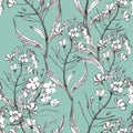 Seamless Floral Pattern In Vintage Style. Flowers, Leaves And Herbs. Botanical Illustrations.