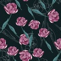 Seamless floral pattern. Violet Tulips flowers and white silhouette. Royalty Free Stock Photo