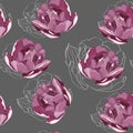 Seamless floral pattern with violet tulips and line silhouette. Royalty Free Stock Photo