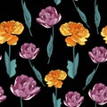 Seamless floral pattern. Violet and Yellow Tulips flowers. Royalty Free Stock Photo