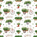 Seamless floral pattern. Watercolor background with bicycle with flowers, potted flower, flower in boot, box, leaves for spring Royalty Free Stock Photo