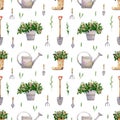 Seamless floral pattern. Watercolor background with flower in boot, flowers in bucket, Shovel, flower scoop, mini forks for