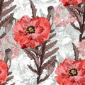 Seamless floral pattern with watercolor effect. Red poppies on a grey background. Royalty Free Stock Photo