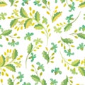 Seamless floral pattern. Watercolor flowers and berries on a white background. Grunge texture. Yellow and green colors. Summer pr Royalty Free Stock Photo