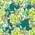 Seamless floral pattern with the watercolor green and yellow exotic flowers and brown leaves Royalty Free Stock Photo