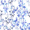 Seamless floral pattern with watercolor hand-draw blue flowers on the branches with blue leaves painted with blots Royalty Free Stock Photo