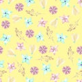A seamless floral pattern with watercolor hand-drawn blue and purple spring flowers Royalty Free Stock Photo