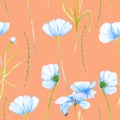 A seamless floral pattern with watercolor hand-drawn tender blue cosmos flowers Royalty Free Stock Photo