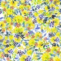 Seamless floral pattern with watercolor yellow flowers, blue leaves and berries Royalty Free Stock Photo