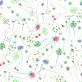 Seamless floral pattern with watercolor yellow wildflowers, clover flower and grass Royalty Free Stock Photo