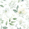 Seamless floral pattern with white anemones and green leaves. Vector illustration.