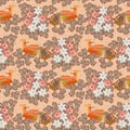 Seamless floral pattern with white flowers and orange fabulous birds. Watercolor