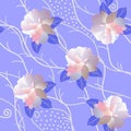 Seamless floral pattern with white rose flowers and abstract branches on gentle lilac background in vector. Print for fabric Royalty Free Stock Photo