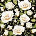 Seamless Floral Pattern with White Roses on a Black Background