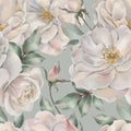 Seamless floral pattern with white roses hand-drawn painted in a watercolor style.