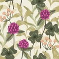 Seamless floral pattern, vintage botanical print with wild plants, small clover flowers, large leaves. Vector Royalty Free Stock Photo