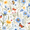 Seamless floral pattern with wildflowers and butterflies. Vector illustration Royalty Free Stock Photo