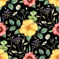 Seamless floral pattern with wildflowers on dark background. Hand drawn watercolor illustration. Royalty Free Stock Photo