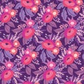 Seamless floral pattern, winter liberty ditsy print with large purple bouquets, flowers, leaves. Vector design. Royalty Free Stock Photo