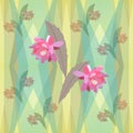 Seamless floral pattern witn epiphyllum flowers on geometric green background