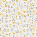 Seamless floral pattern with silhouettes of flowers, brunches and hearts and on gray background.