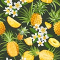 Seamless Floral Pineapple Vector Pattern, Plumeria Flowers Tropical Background, Palm Leaves, Fruit Texture Royalty Free Stock Photo