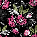 Seamless floral pink flowers leaves sketched patten Royalty Free Stock Photo