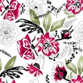 Seamless floral pink flowers leaves sketched patten Royalty Free Stock Photo