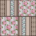 Seamless floral pink roses pattern patchwork striped background Royalty Free Stock Photo