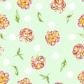 Seamless floral polka dot pattern with the watercolor purple and yellow exotic flowers (peony) and green leaves Royalty Free Stock Photo