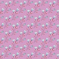 Seamless floral print, diagonal arrangement of blue with white flowers, purple stem and red with pink leaves