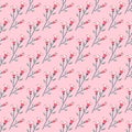 Seamless floral print, diagonal pattern of flowers and buds of white and scarlet color, stalk of color Marengo, gray leaves, pink