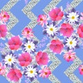 Seamless floral print for fabric. Bouquets of garden flowers on silver shimmer zigzag background. Summer vector design Royalty Free Stock Photo