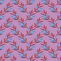 Seamless floral print of staggered colored twigs. Brown, red and blue leaves, lilac background