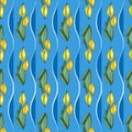 Seamless floral print of vertical borders separated by wavy lines, blue background. Pattern of yellow tulip flower buds, green Royalty Free Stock Photo